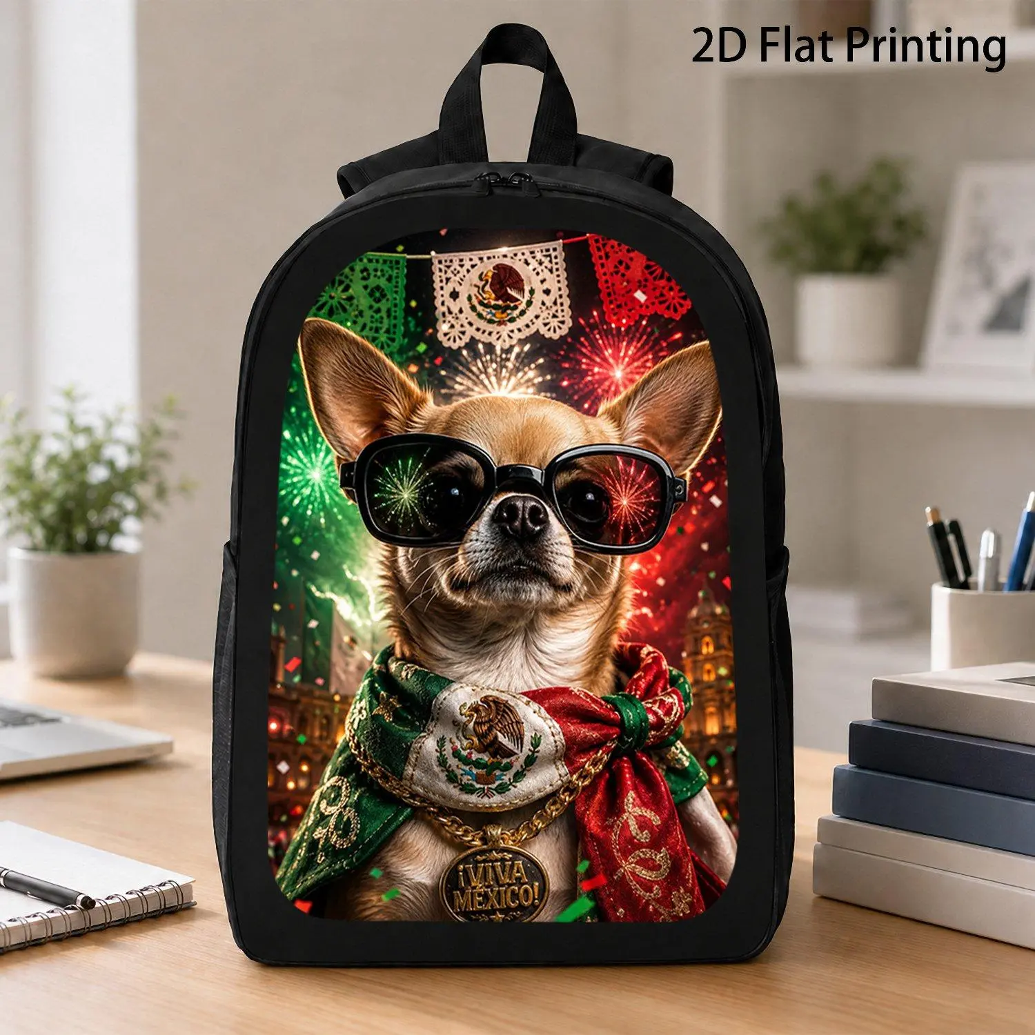 [17 Inch Backpack] 1pc Viva Mexico Chihuahua Dog Wearing Sunglasses Festival Print Backpack Viral Mexican Independence Day Firework Confetti Theme Daily Backpack