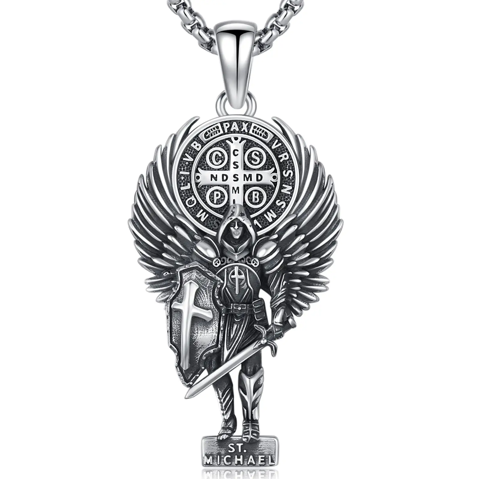 925 Sterling Silver Large Saint Michael Necklace St Michael and Benedict Medal Pendant,Archangel St.Michael Jewelry for Men with 22+2 in Chain