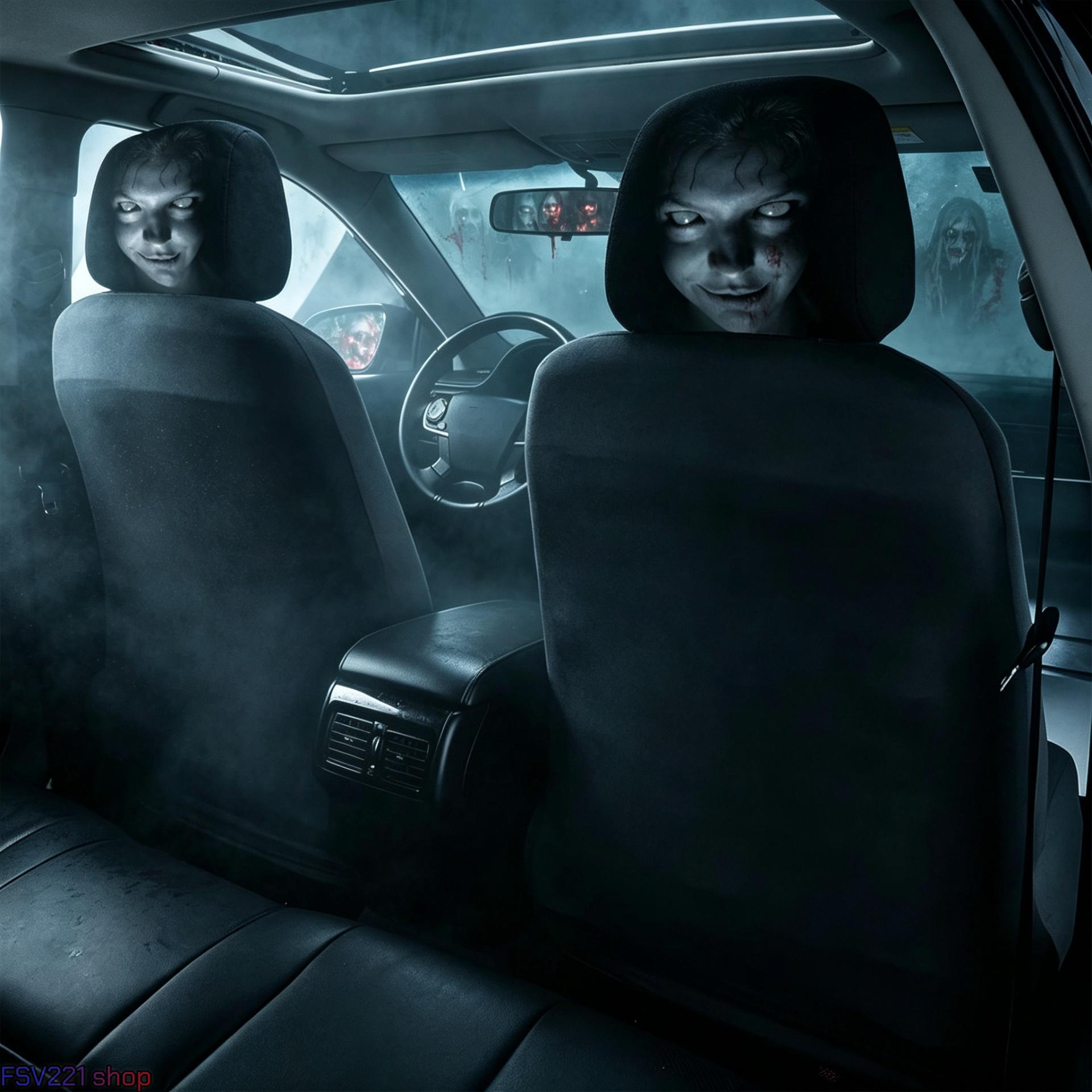 2-Pack Creepy Horror Ghost Face Car Headrest Covers - Slip-On Stretch Comfortable Material Auto Accessories for Spooky Pranks, Halloween Decor, Oddities Gifts, Car Decorations, Cars