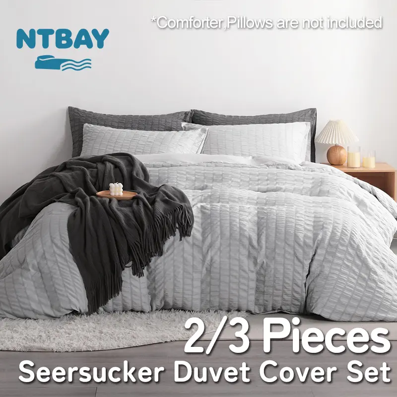 NTBAY Seersucker 3 Piece Duvet Cover Set – Striped Textured Bedding with Hidden Zipper & Corner Ties