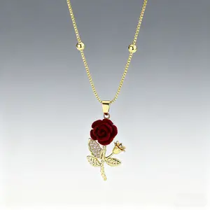 Sparkling Gold Plated Rose Necklace Hypoallergenic Jewelry with Red Velvet Rose Pendant 18/20/22/24 inch for Daily Wear & Gift christmas chains girl