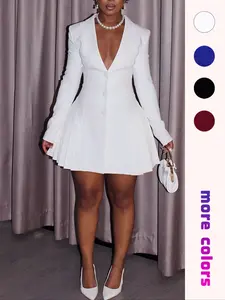 Women's Solid Color V Neck Pleated Button Dress, Casual Fitted Long Sleeve Dress for Spring, Ladies Clothes for Daily Wear