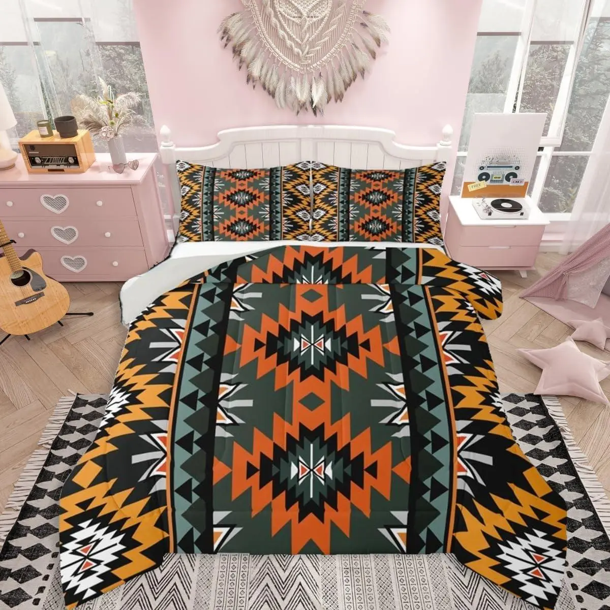 Feelyou Twin Boho Western Decor Comforter Set - Bold Aztec Geometric Artwork Duvets & Sets, Colorful Breathable Patchwork Bedding for Cozy Farmhouse Country Bed Setup