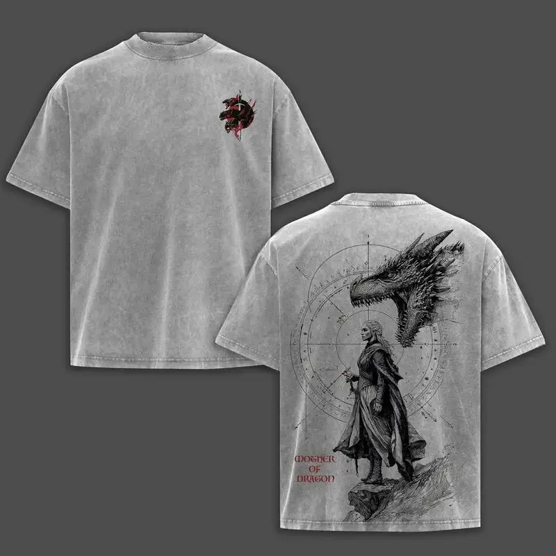 Mother of Dragons Daenerys Targaryen Graphic Print Washed Grey Oversized T-Shirt, Premium Heavyweight 100% Cotton Streetwear Vintage Tee, Perfect Gift for GOT and Fantasy Fans