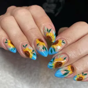 French Tip, Sunflower Design, Press On Nails 24 Piece Set, Wear in 3 Minutes