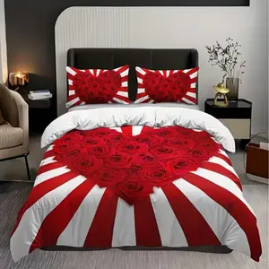 3pcs Heart Rose Floral Quilt Set (1 Quilt + 2 Pillowcases), Home Dorm High Definition Print, No Core Included