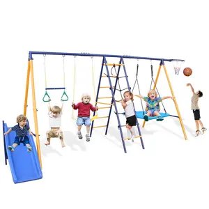 FIZCKEOM 6 in 1 Metal Swing Sets for Backyard, Outdoor A-Frame Heavy-Duty Playground Sets for backyards with Slide, 2 Swing Seats, 1 Climbing Net & Ladder, 1 Gym Ring, 1 Basket