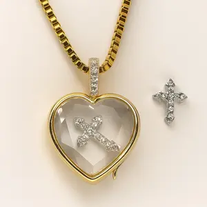 Heart Locket Necklace with Crystal Cross Glass Locket on Gold Chain Interchangeable Silver Cross Elegant Gift for Adults