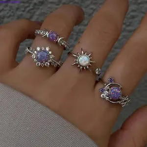 Women's Sun & Moon Gemstone Stackable Ring Set, Geometric Design with Sparkling Crystals, Minimalist Light Luxury Jewelry, Unique Accessories & Mother's Day Gifts for Daily Wear