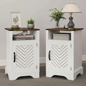 RoyalCraft L Large Nightstand with Charging Station, White End Table with Drawer, Tall Bedside Table with Large Storage Room and Shelf, Wooden Table for Bedroom, Living Room