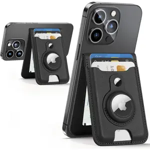 Mag-Safe Wallet Stand with Airtag Holder for  12/13/14/15/16/17 Series, RFID Leather, ID Window,  6 Cards Holder, Black