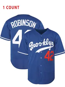 Men's 42 Robinson Lettering Embroidery Baseball Jersey, Loose Casual Quick Drying Baseball Top, Breathable Baseball Top for Outdoor Sports, Embroidered Baseball Jersey, Baseball Shirt