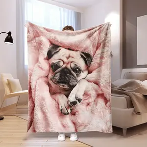 1pc Vintage Pug Dog Print Flannel Fleece Blanket - Soft, Warm, Durable Knit Fabric Throw for Sofa, Bed, Office, Travel - Machine Washable, All Seasons, 100% Polyester, Digital Print