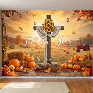 1pc Fall for Jesus Thanksgiving Banner - Religious Harvest Pumpkin & Sunflower Decoration with Cross, Butterflies & Autumn Leaves, Polyester Wall Decor for Home, Room, or Party Background