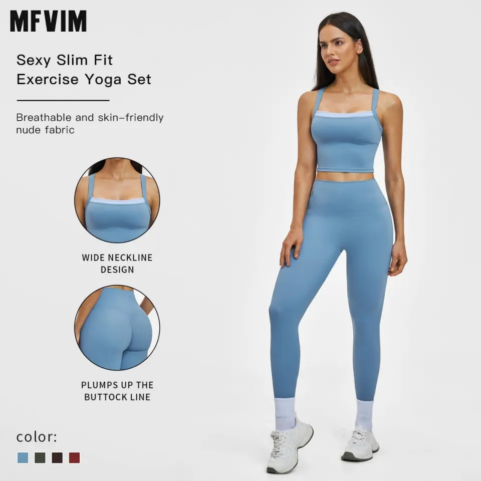 MFVIM Women's 2-Piece Cross-Back Yoga Set - High-Waisted Quick-Dry Pants, Color-Block Spaghetti-Strap Cropped Top, Athletic Fashion Activewear, Workout Sets Women for Gym Fitness