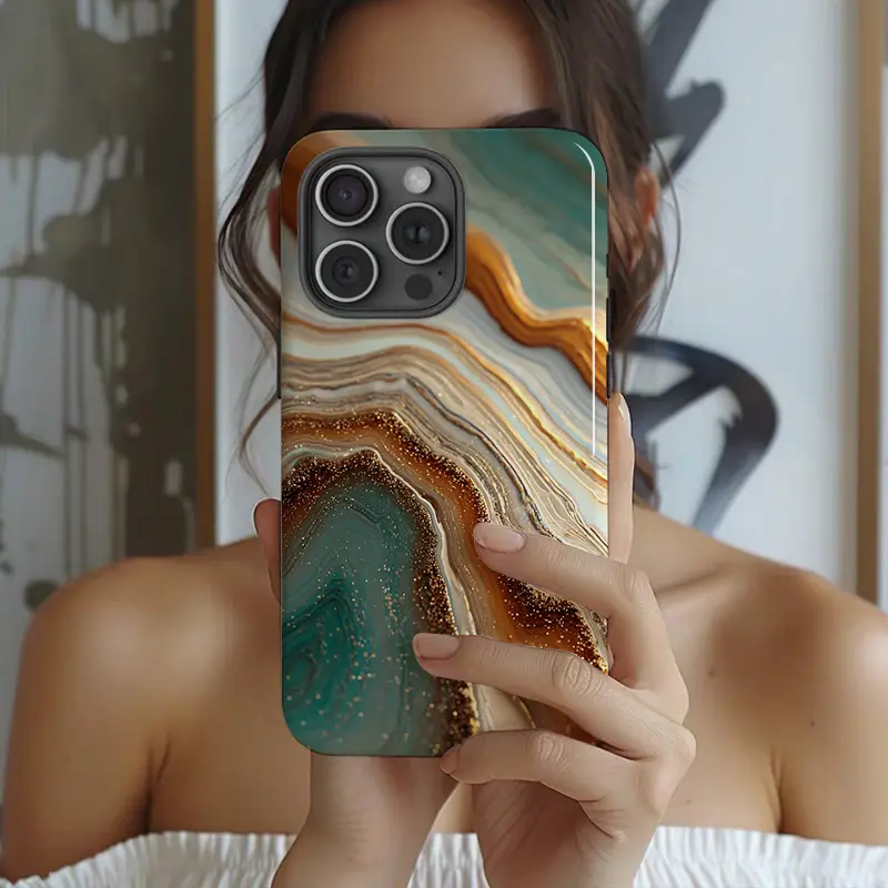 A Dual-Purpose Film Case Showcasing a Marbled Pattern with Golden Highlights - Durable, Shockproof, And Fashionable Protection - Compatible with iPhone 17 Air 16 15 14 Pro MAX 13 12 11 Plus X Xs Max XR 8 7