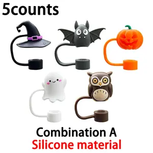 Halloween Themed Straw Set, Reusable 3D Silicone Straw Caps, Ghosts Bats Cats Witch Hats Pumpkins Designs, Party Drinkware Accessories, Fits Standard Straws, Silicone Straw Topper