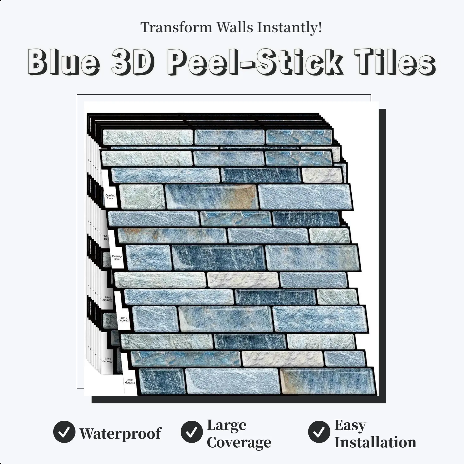 DEWOO 3D Wall Tiles Stickers (10 Sheets, 12"x12"/30.5x30.5 cm), Smooth Thick Blue Self-Adhesive Waterproof Durable Peel-and-Stick Tiles, Large Coverage Decoration Items for Kitchen & Bathroom Wall Decor