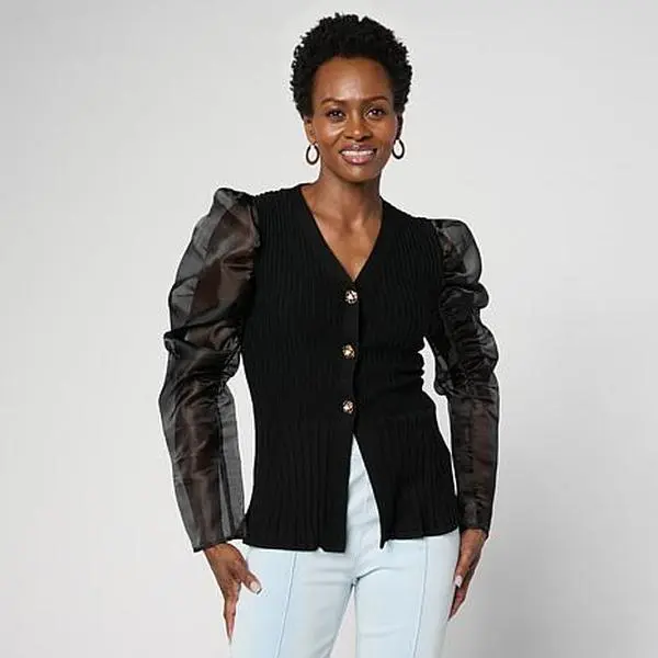 C. Wonder C Wonder Organza Sleeve Ribbed Cardigan