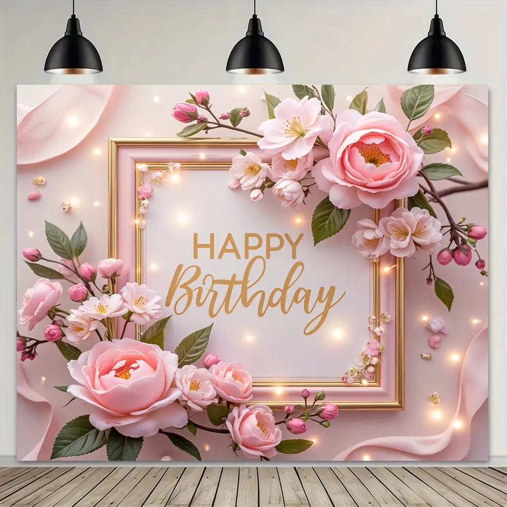Elegant Pink Rose & Cherry Blossom Birthday Backdrop - 100% Synthetic Polyester, Soft & Fade-Resistant Photography Banner with Golden "Happy Birthday" Letters & Sparkling Lights - Party Decoration Supplies, Wishing Banner for Indoor Celebrations