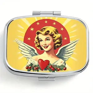 Angel Theme Square Pill Box, 2 Compartment Portable Decorative Metal Healthcare Medicine Case, Ideal for Travel Camping Unique Gift Idea