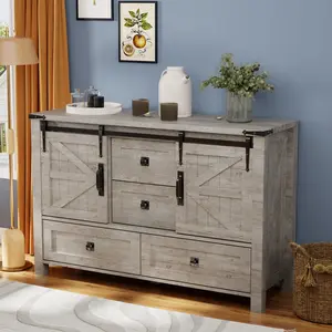 REDLEMON 48" Storage Cabinet / Dresser   with 2 sliding barn doors   4-drawer combo unit   Rustic style   For bedroom, hallway, living room, kids’ room