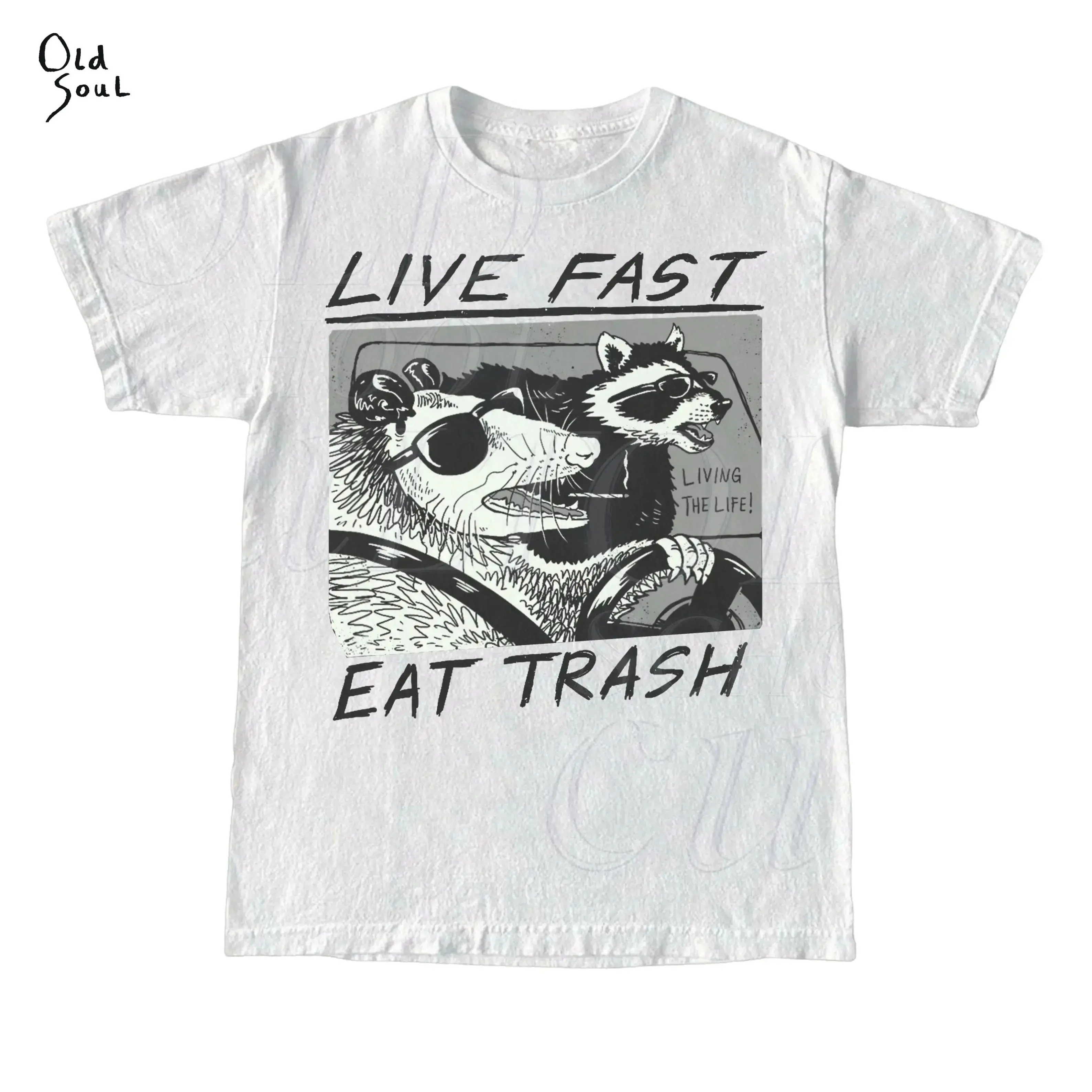 Vintage Opossum Live Fast Eat Trash 90s Style Graphic T-Shirt, Retro Raccoon Unisex Washed Tee by Old Soul Outfitters, USA-Made & Printed Apparel	