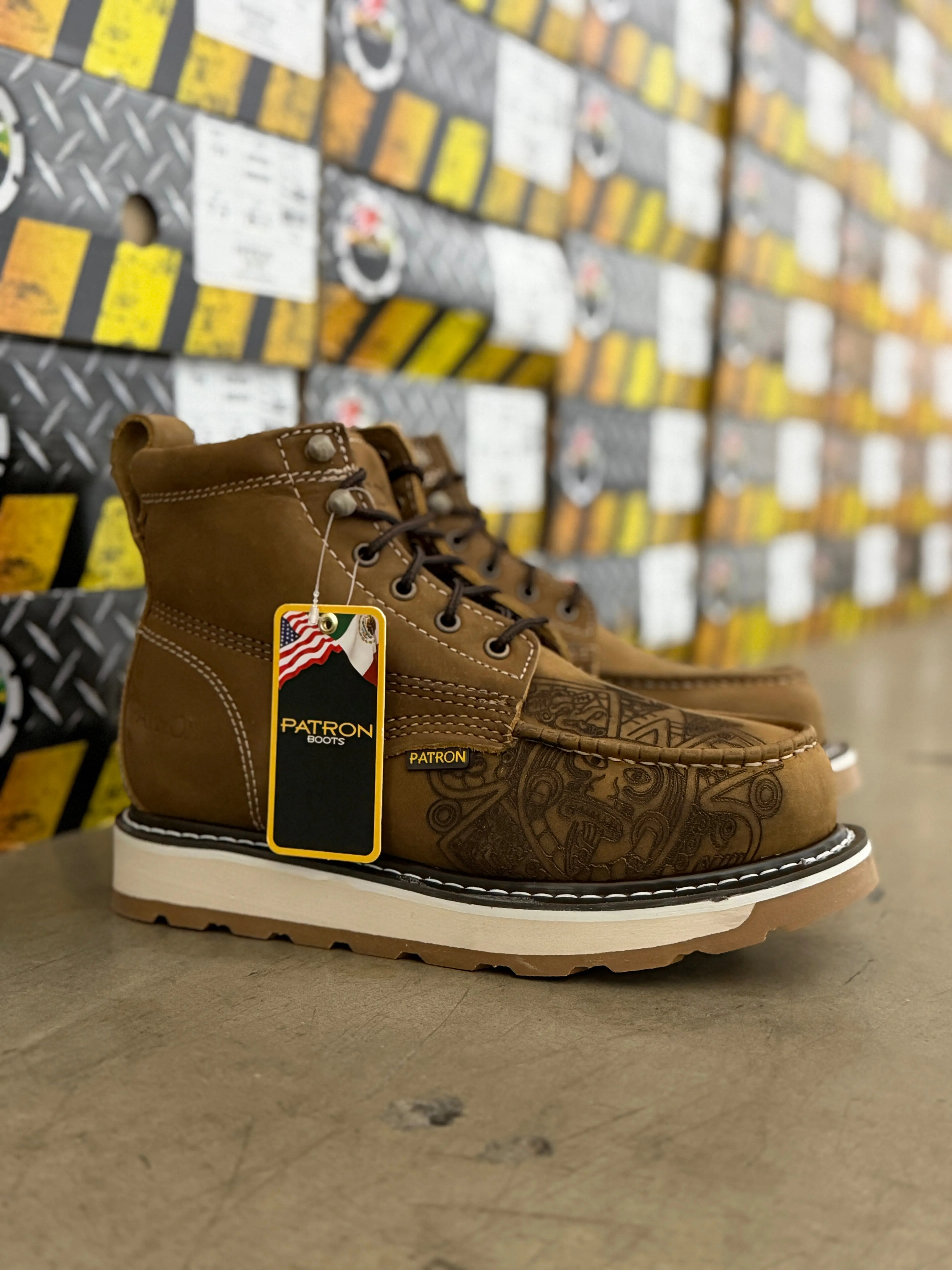714 AZTECA CRAZY BROWN MENS AZTEC CALENDAR LASER ENGRAVED WORK BOOTS MOC TOE LACE UP