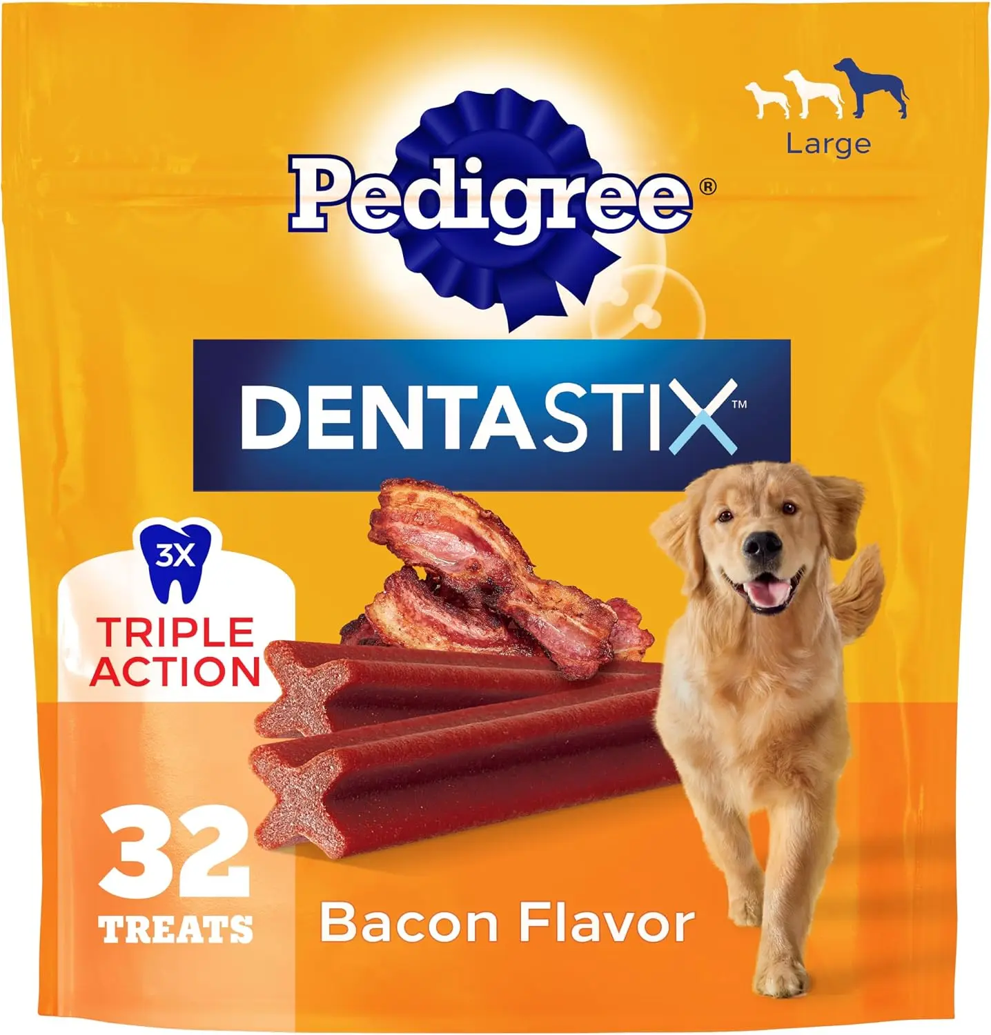 Pedigree Dentastix Large Breed Dental Dog Treats, Bacon Flavor, 32 Count Triple action dental care, reduces tartar, cleans teeth, freshens breath, for dogs 40+ lbs, no added sugar/fillers