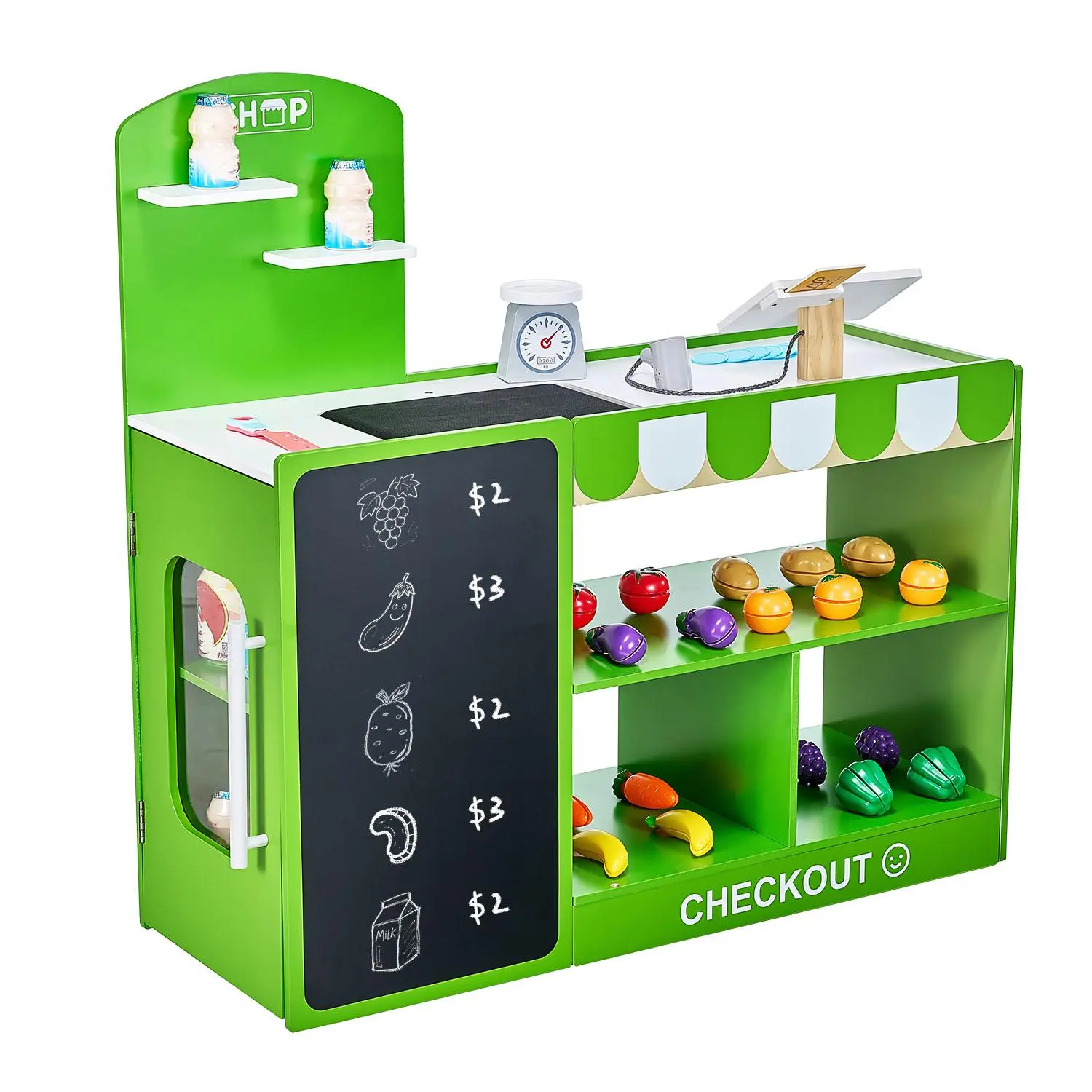 VEVOR MDF Wood Kids Indoor Multi-Activity Playset - Toddler Pretend Grocery Store with Shopping Bag, Conveyor Belt, Card Reader, Cash Register, Realistic Scale, Interactive Features for Toddler Development, Cool Gift