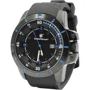 Smith & Wesson Trooper Watch 5ATM. Japanese movement. Second hand and date. Stainless case back. Black rubber strap with blue stitching. Perfect for a Christmas gift or keeping it for yourself. We absolutely love these high quality watches! Dive Watch
