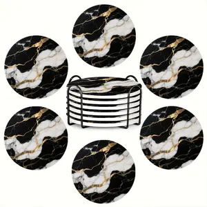6-piece ceramic coaster set, featuring a black, gold, and white marble pattern - heat-resistant and non-slip coasters, essential for home and dining table decoration, practical and elegant beverage mats, and a top choice for housewarming gifts.
