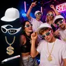 4/6/8/12 Pcs Halloween Costume Kit Fashion 80s 90s Rapper Accessories for Men Women Retro Y2k 2000s Outfit with White Hat, Sunglasses, Dollar Sign Necklace Gold Dollar Chain for Halloween Party