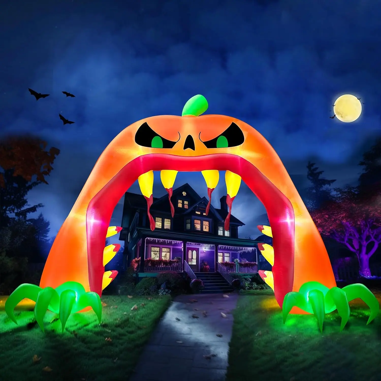 Giant Halloween Inflatables Pumpkin Archway Halloween Decorations Outdoor | 9 FT Tall 8 FT Width Halloween Blow Up Scary Jack-O-Lantern Tear Open Mouth Build-in LED Lights Yard Lawn Party Archspooky season decor, spooky yard decor, halloween yard decor, h
