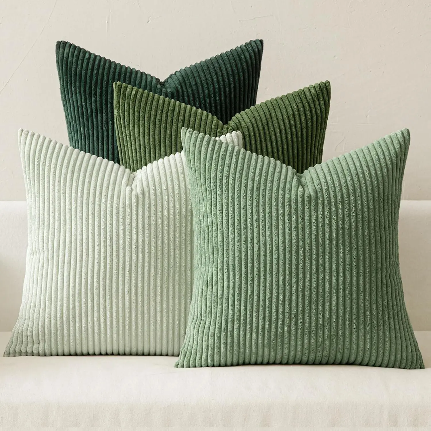Summer Boho Farmhouse Sage Green Throw Pillow Covers 18x18 Inch Set of 4, Modern Nordic Soft Corduroy Cushion Covers for Couch, Bed, Sofa, Living Room Decor