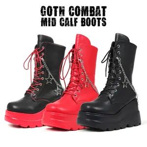 CYNLLIO Womens Two Tone Goth Combat Mid Calf Boots Rounded Toe Platform Heels Thick Sole Rave Kawaii Boot Starry Sky Chain Decor Side Zipper Lace Up Comfy Outdoor Concert Street Party Riding Motorcycle Gothic Punk Wedge Spring Shoes