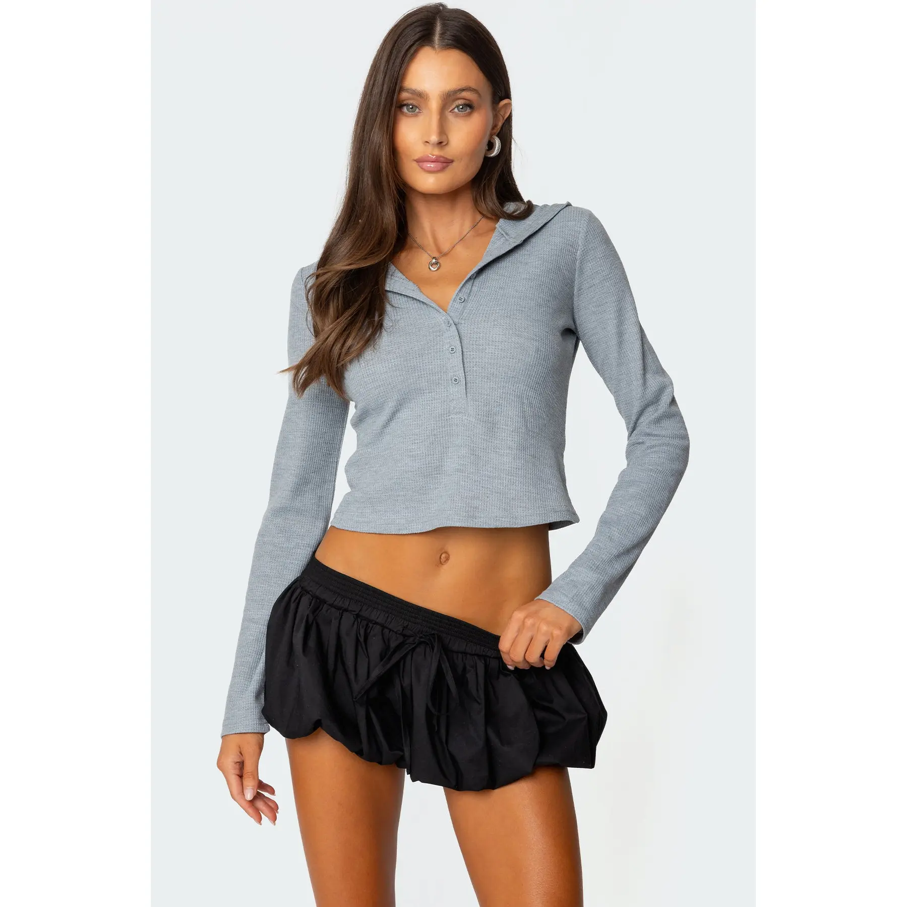 Hooded Henley Waffle Top