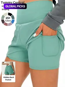 Women's 2-in-1 High Waist Sports Shorts with Pockets, Casual Comfy High Stretch Yoga Bottoms for Gym Workout and Running, Ladies' Summer Sportswear, Athletic Shorts, Solid Pocket Shorts