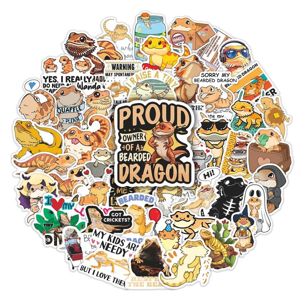 50pcs Bearded Dragon Themed Stickers Pack, Stickers for Scrapbooking, Waterproof Reptile Lover Cute Bearded Dragon Meme Decals for Laptop, Water Bottle, Journal & Scrapbook, Reptile & Lizard Lover Gift