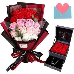 Roses Bouquet Artificial Flower - Preserved Red Rose  with Love Necklace for Her -  Gifts Valentine's Day, Mother's Day, Thanksgiving, Birthday, Anniversary