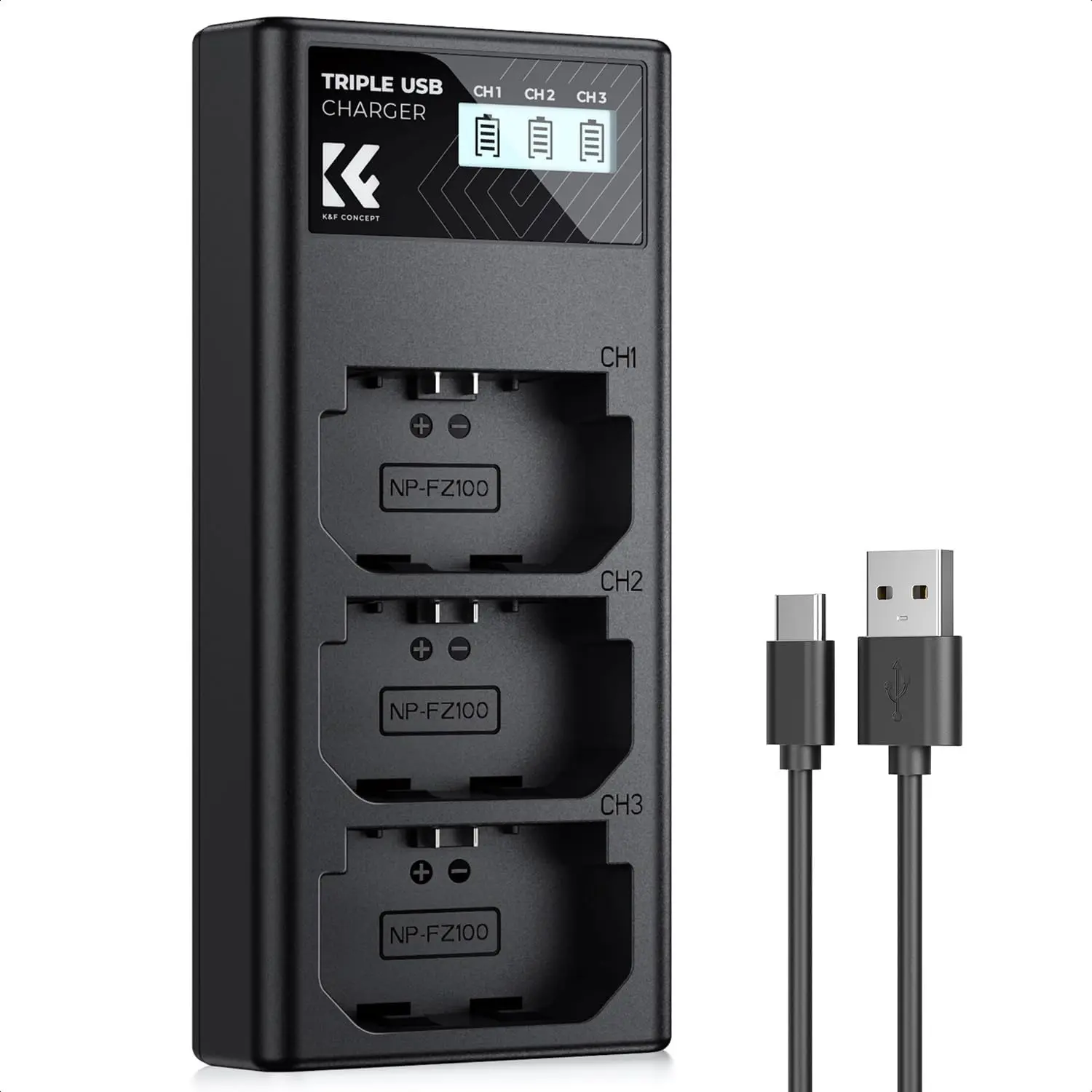 K&F CONCEPT Triple Slot Digital Camera Battery Charger for NP-FZ100 with LCD Screen, Includes Cable - Electronic Accessory for Sony A7iii A7iv A7Rv A6700 A6600 A9 A1 FX3 FX30 ZV-E1
