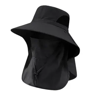 Black Sun Protection Hat UPF 50+ Wide Brim Fishing Hiking Neck & Face Cover free