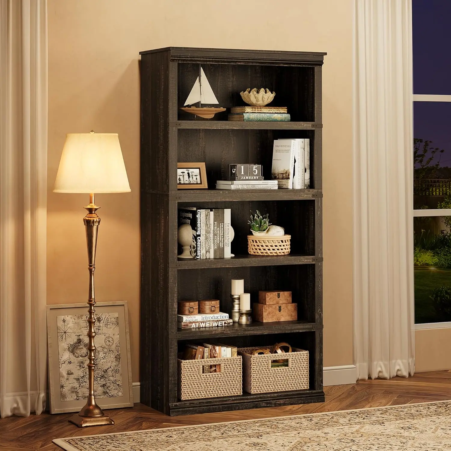 Rustic Oak 5-Tier Freestanding Bookshelf, 67.4" Tall Traditional Classic Wood Grain Farmhouse Bookcase with Storage for Living Room, Home Office