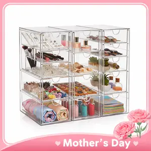 Mother's Day Gifts, 13-Drawer Makeup Organizer 3-Piece Clear Desk Storage Box for Cosmetics Jewelry Pens & Office Supplies, Transparent Acrylic Storage Containers Set