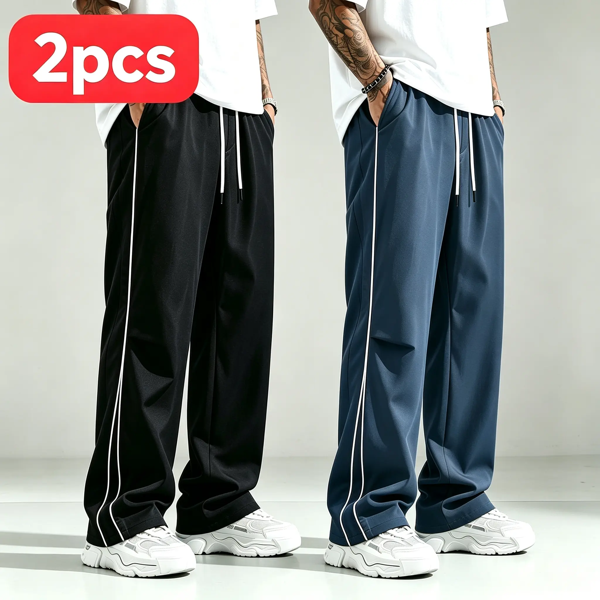 Menswear 2-Pack Stylish Straight-Leg Casual Pants - White Side Stripes, Lightweight Quick-Dry Wide-Leg Design, Fluid Drape, Elastic Drawstring Waist, Black/Blue Options, Loose Athletic Long Pants for Everyday Streetwear & Commuting