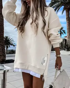 2026 Round Neck Womens Long Sleeve Pullover Sweatshirt Zipper Slit Casual Dress Drop Shoulder Oversized Outfits Hoodie Polyester Womenswear Adjustable Loose