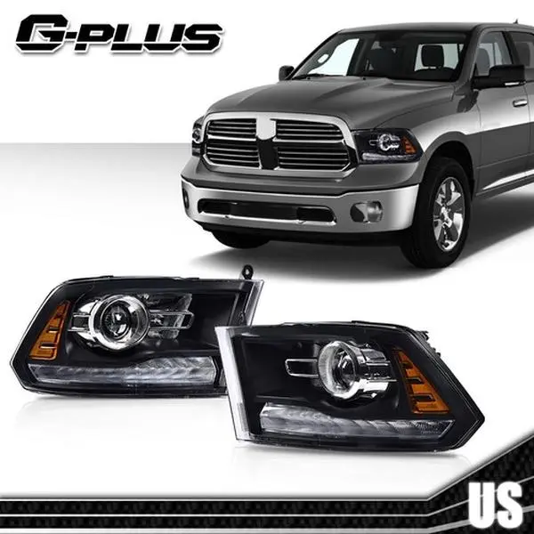 G-PLUS Black Projector Headlight Assemblies with LED DRL, Bright Truck Headlight Replacements for 2013-2018 Dodge Ram 1500 2500 3500, Projector Beam Carlights