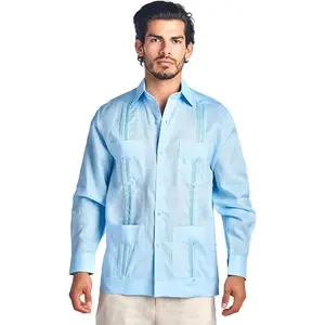 Mojito Collection Guayabera Shirt Classic Poly Cotton Blend Long Sleeve Light Blue M
