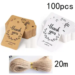 100 Pcs Universal Labels, 2x1.2 Inch Thank You Tags with 20m Jute String, Writable Kraft Paper for Art Crafts Wedding Christmas Gifts