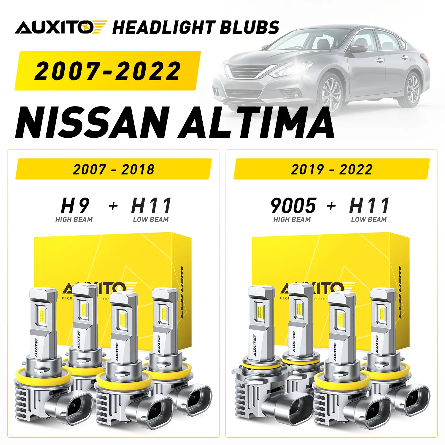 2007-2022 Nissan Altima AUXITO LED Headlight Bulbs, H9 High Beam & H11 Low Beam (2007-2018), 9005 High Beam & H11 Low Beam (2019-2022), 30000LM 6500K Cool White, Anti-glare,CANBUS Ready,No error,No Flickering, Plug and Play